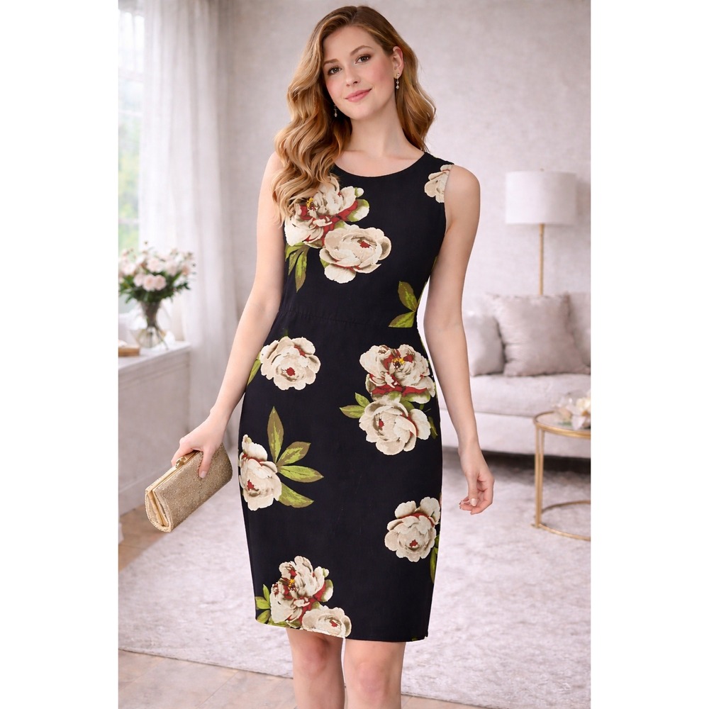 ANA Romantic Floral Black Dress Soft‎ Feminine Garden Party Womens M